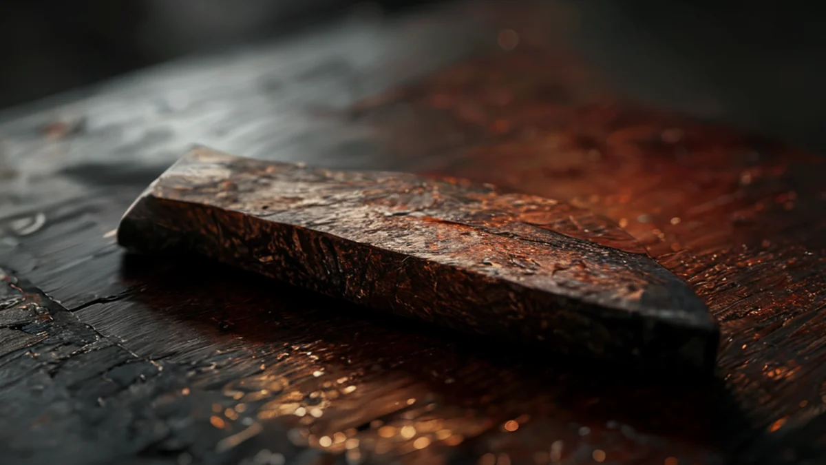 Rum Stake, dunkles Holz, spitzes Form, verunstaltete Textur, auf einer metallischen Oberfläche, warmes Seitenlicht, flaches Bildfeld, photorealistisch, scharfe Schärfe, hohe Details