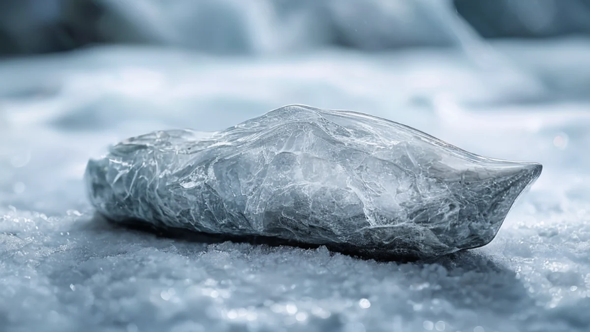 Glatt, eisig geformter Zahn mit Glasartigkeit, sauberer Studio-Softbox, auf schneeweißem Boden, flache Schärfe, photorealistisch, präzise Fokussierung, hohe Details