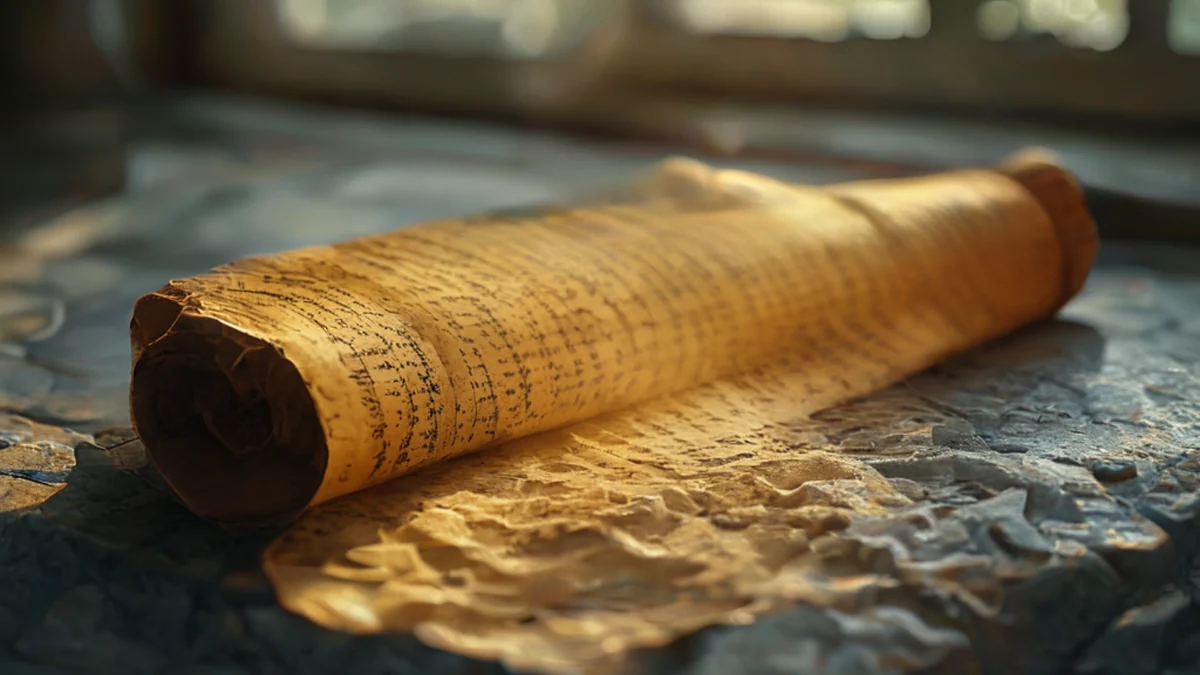 A faded parchment with ancient script, showing worn edges and yellowed ink.