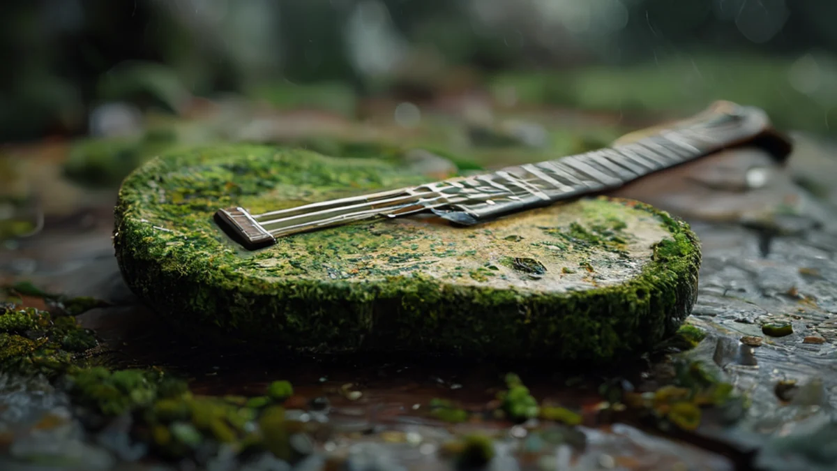 Una guitarra con crecimientos de lichén y musgo en su cuerpo y manche.