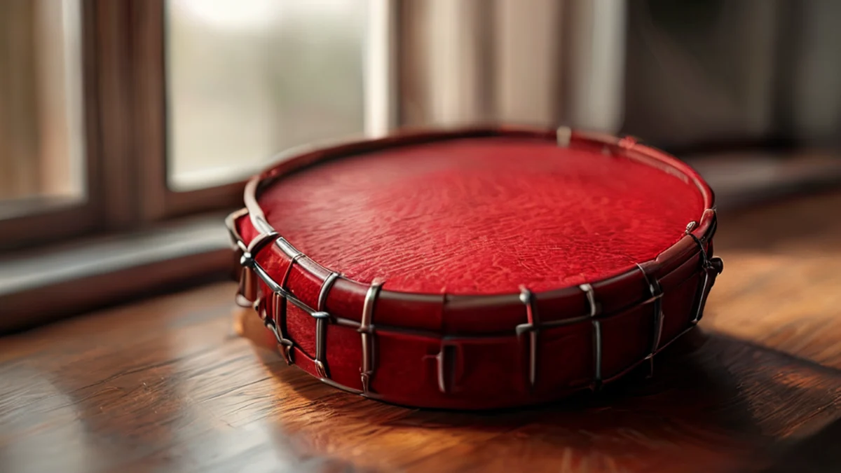 Tambor centrado, cuero rojo, circular, texturado, sobre mesa de madera, luz suave, profundidad de campo suave, realismo fotográfico, detalles altos