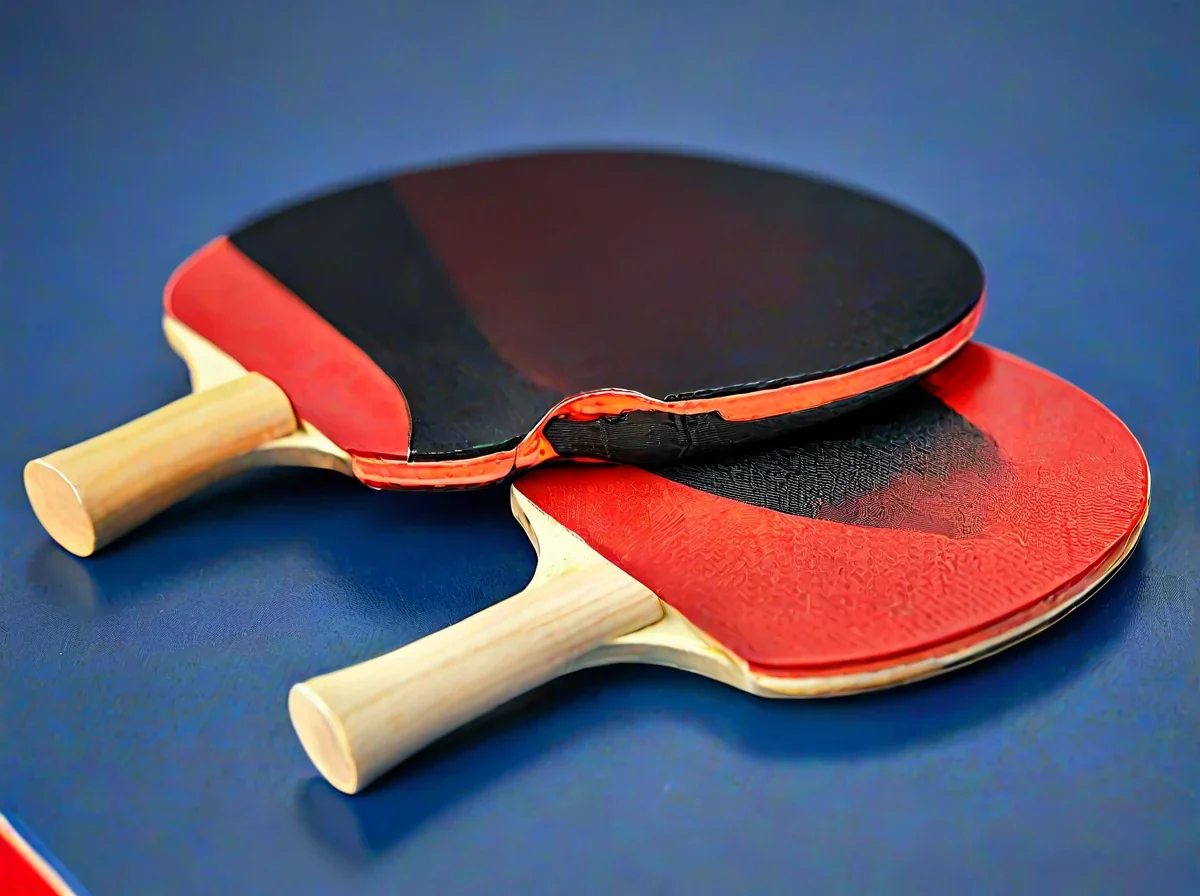 Deux raquettes de tennis de table avec caoutchouc rouge et noir sur une table