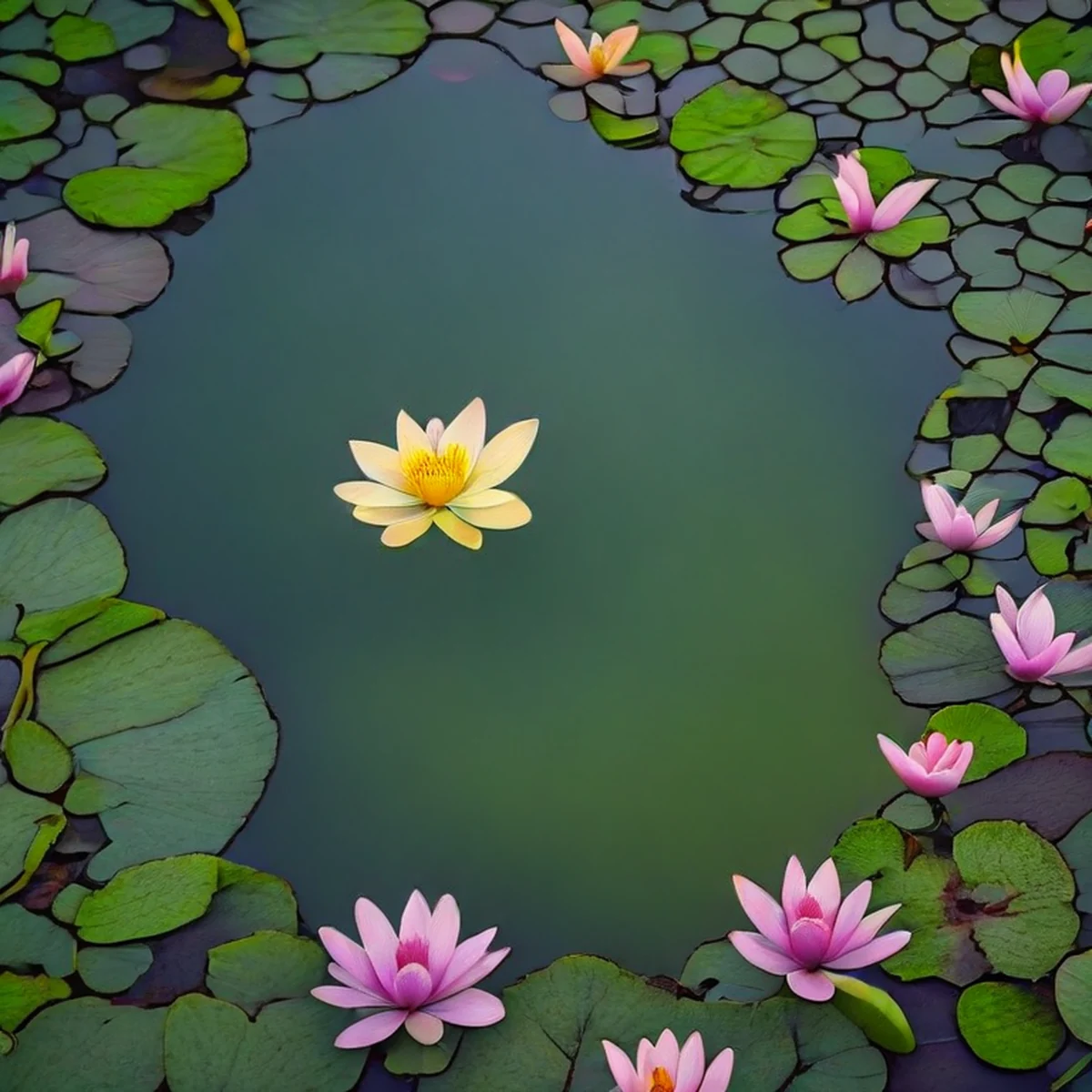 A serene water lily pond surrounded by lush greenery