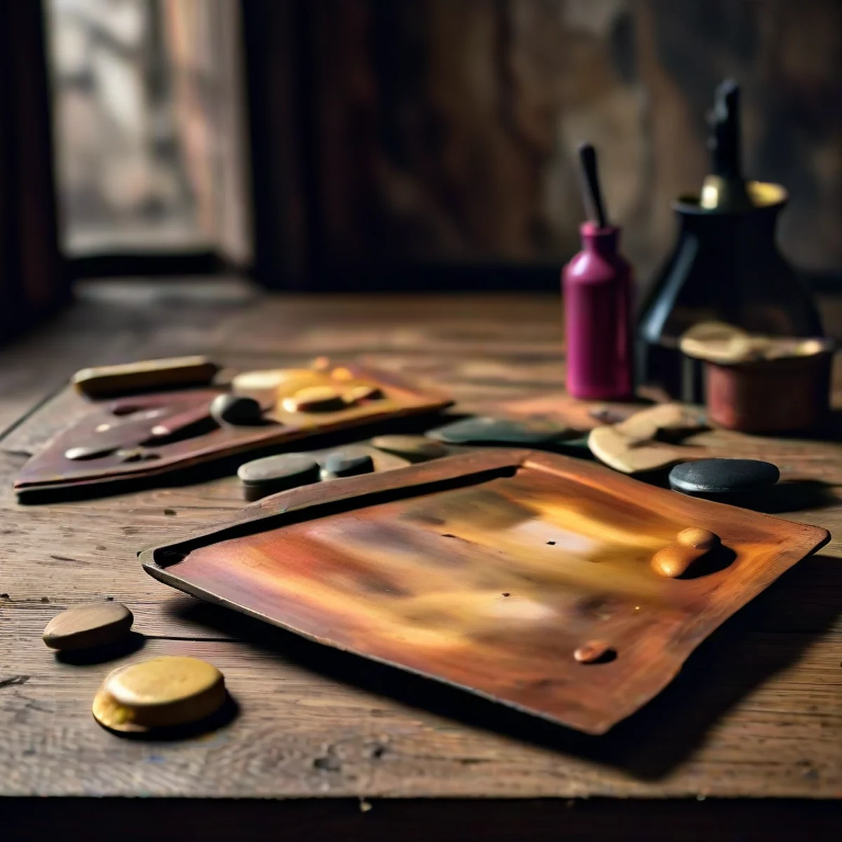 Paleta de pintor clásica en un estudio artístico