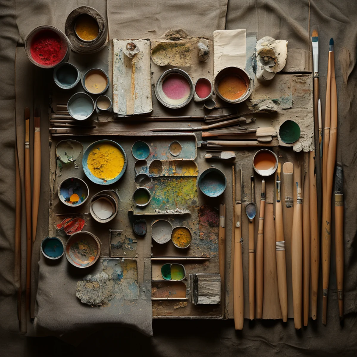 Materiais de pintura clássicos com paleta de cores suaves.
