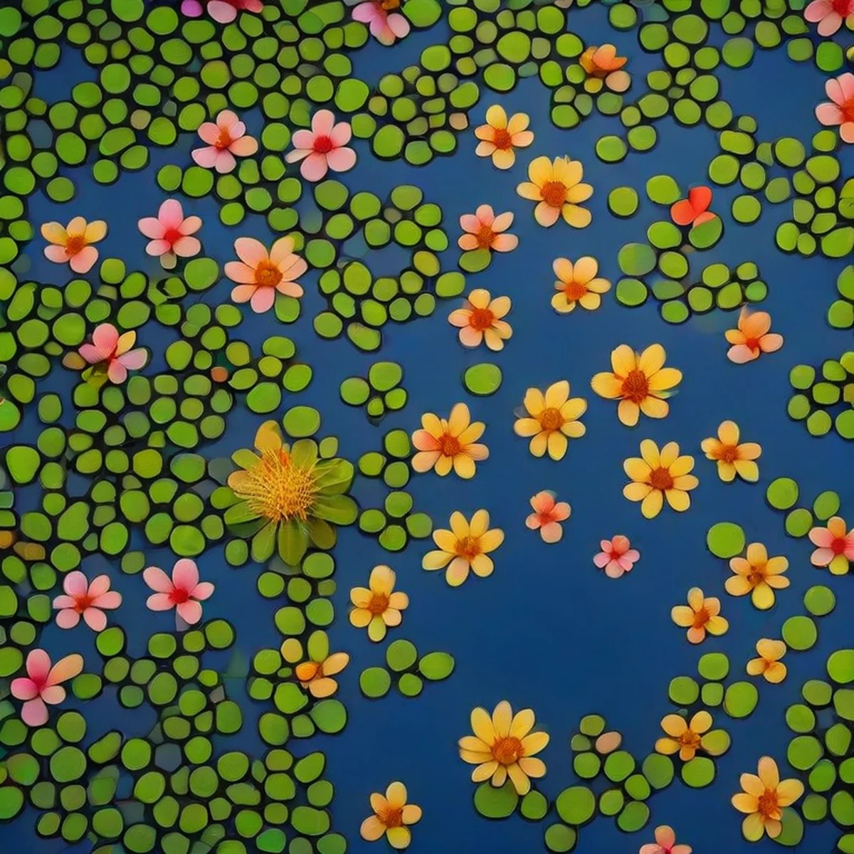 Um jardim sereno com um lago repleto de ninfeias.