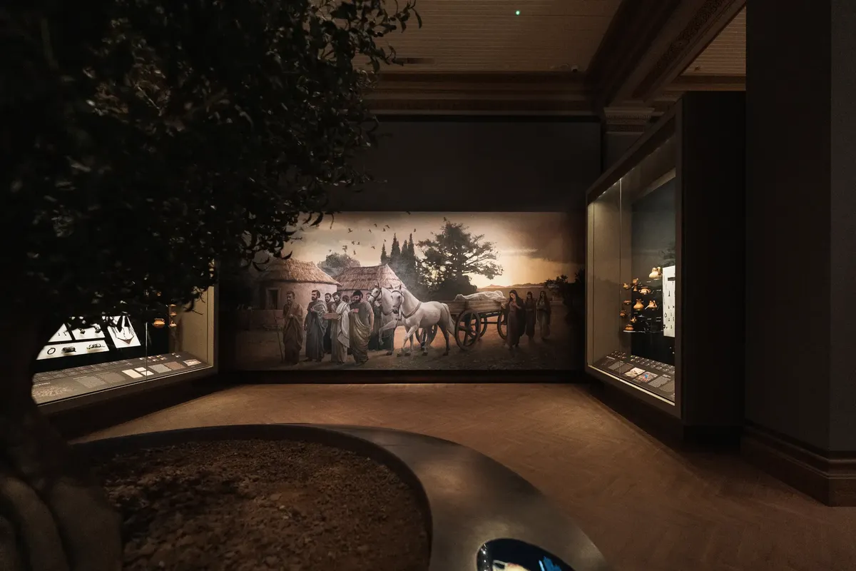 A serene museum interior showcasing a historical painting and exhibits in Istanbul, Türkiye.