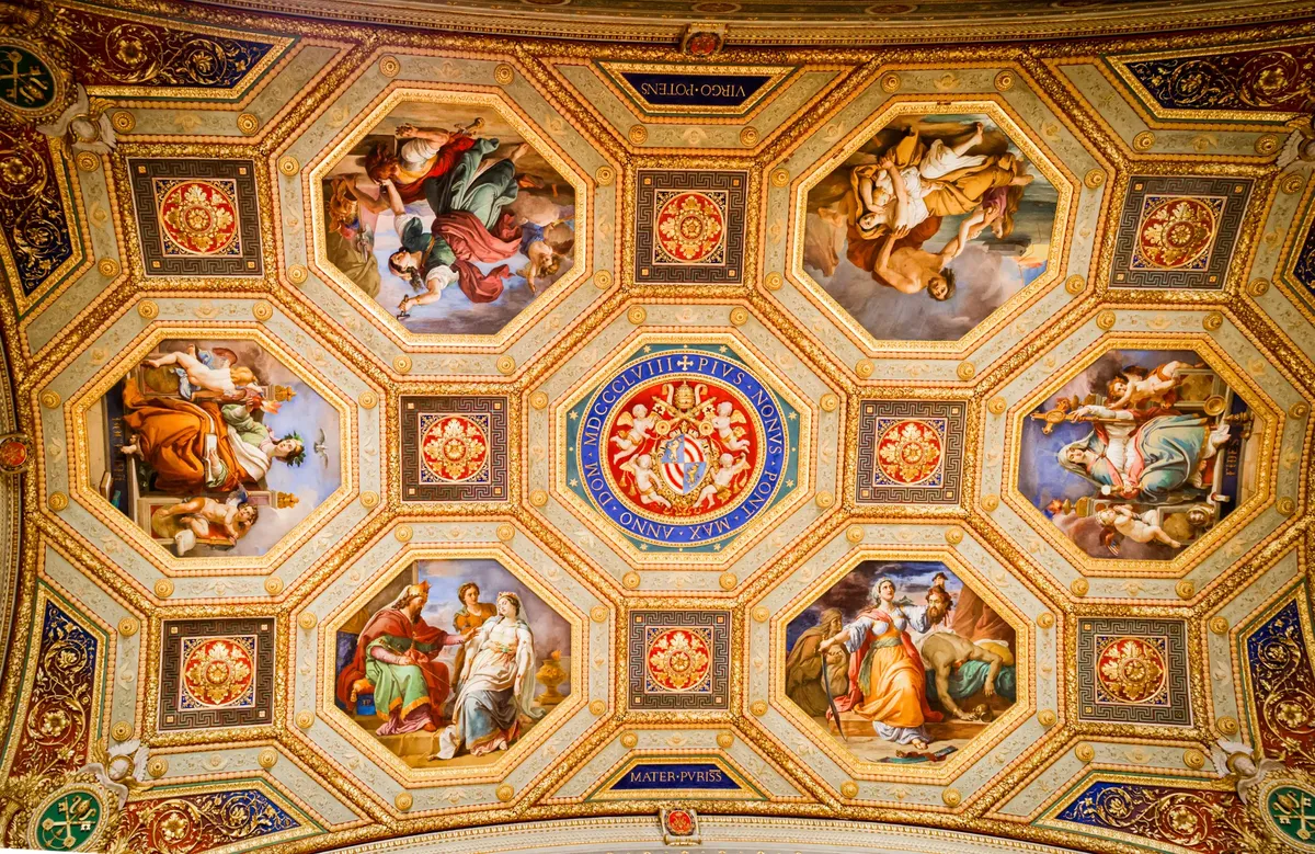 Stunning Roman-inspired ceiling art with intricate paintings and ornamental designs.