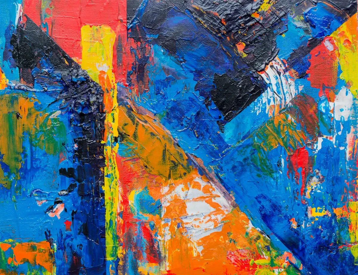 Bold and colorful abstract painting featuring dynamic brushstrokes and rich textures.