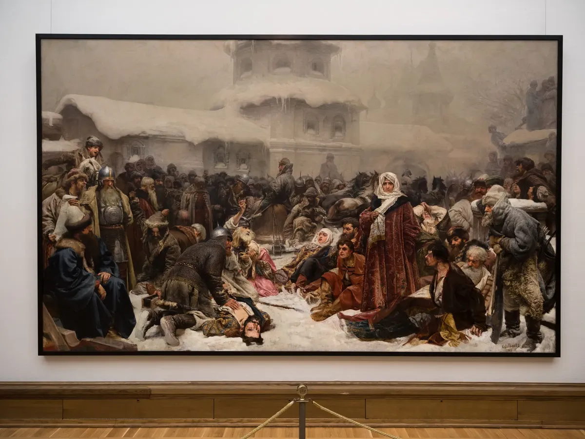 Large historical painting exhibited in an art museum, showcasing realism and cultural history.