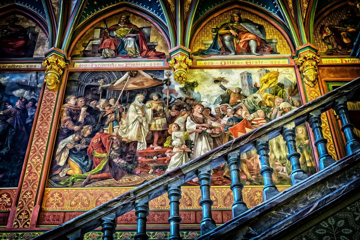 gallery, art, mural, baroque, ancestral gallery, painting, stairs, wall painting, layout, picture, to dye, multicoloured, historical, old, painted, wall, antiqu